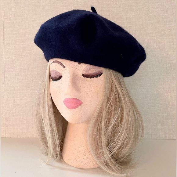 boutique Accessories - French Style Beret, Deep Blue, Classic Tail @ Center Top, Felted Wool Fe…